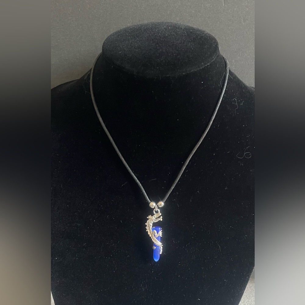 Silver Toned Dragon Blue Crystal Pendant Rope Necklace - Picture 1 of 8